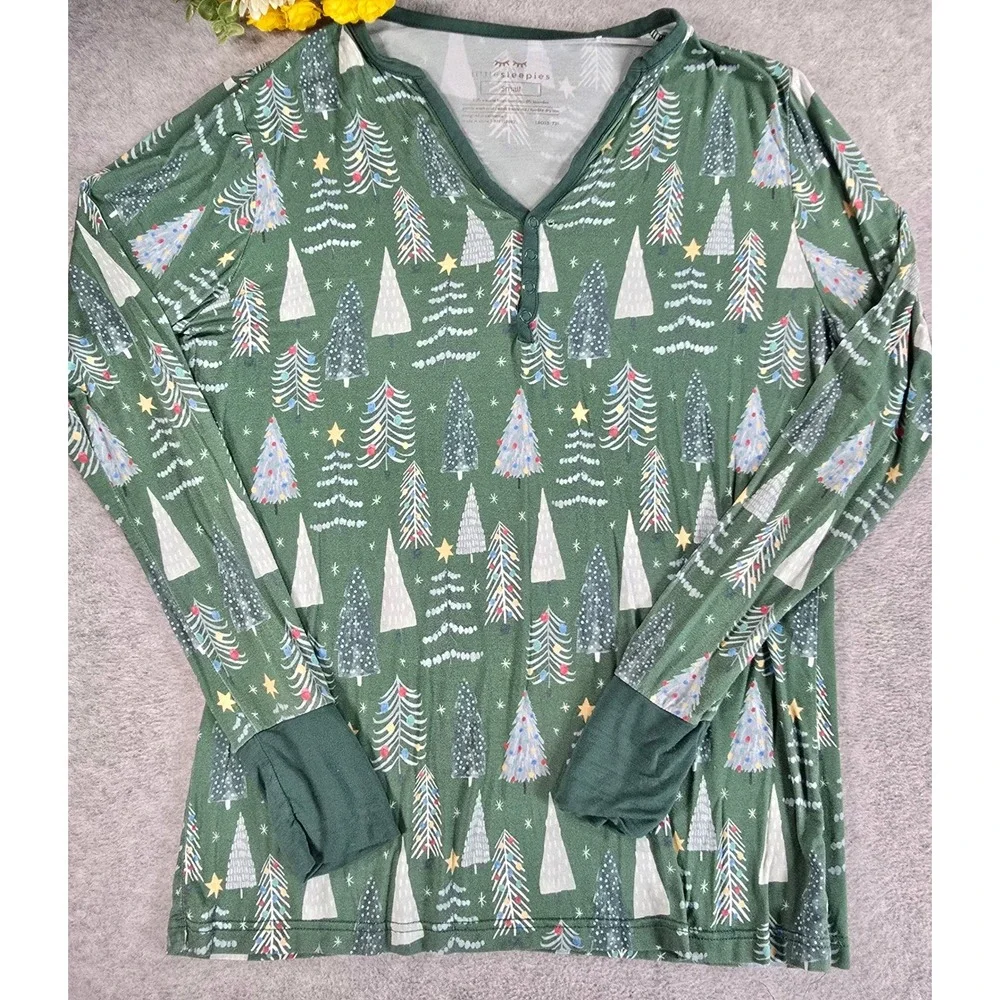 Little Sleepies Pajama Set Womens S/XS Green Christmas Trees Bamboo Lounge PJs